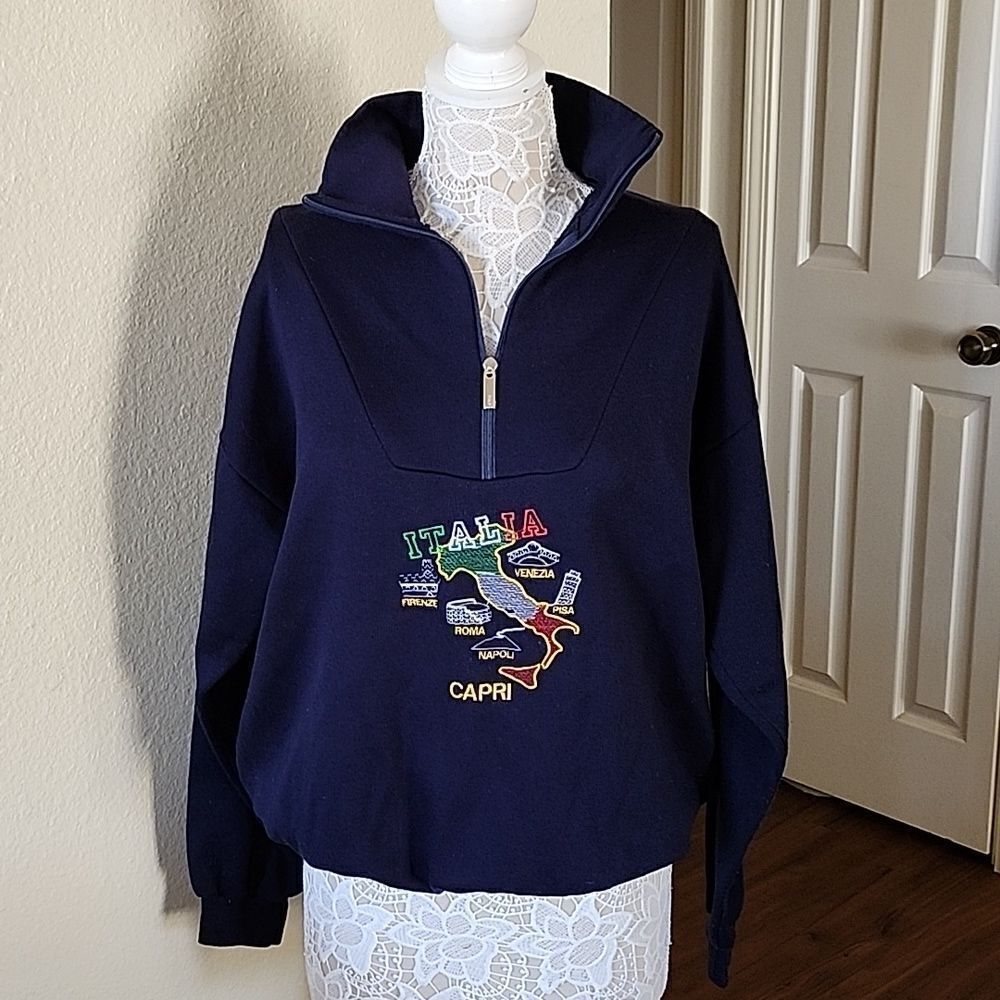 Harmony Italian Map 100% Cotton Embroidered Quarter Zip Sweater Gorpcore Size XL